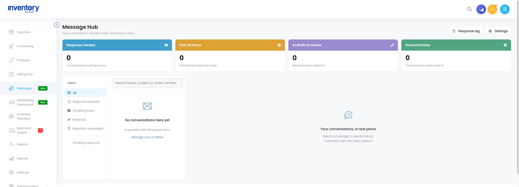 Message Hub staging inbox with response summary cards, status filters, search, and Settings link.