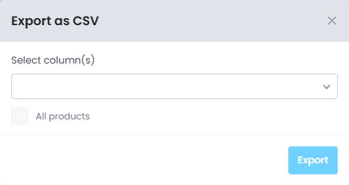 Export as CSV dialog with Select column(s), All products checkbox, and Export button.